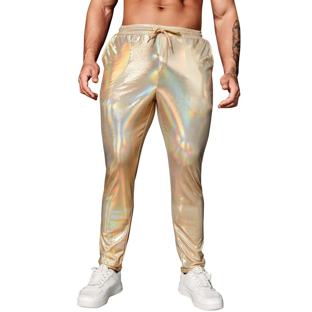 NWT WDIRARA Mens Gold Metallic Holographic Party Club Pants XL